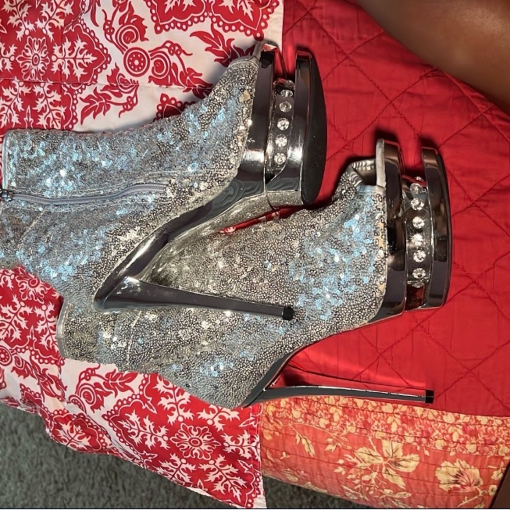 Bundle: Pleaser Silver Sequin + Karo’s Red Rhinestone Heels 7–8” Platforms